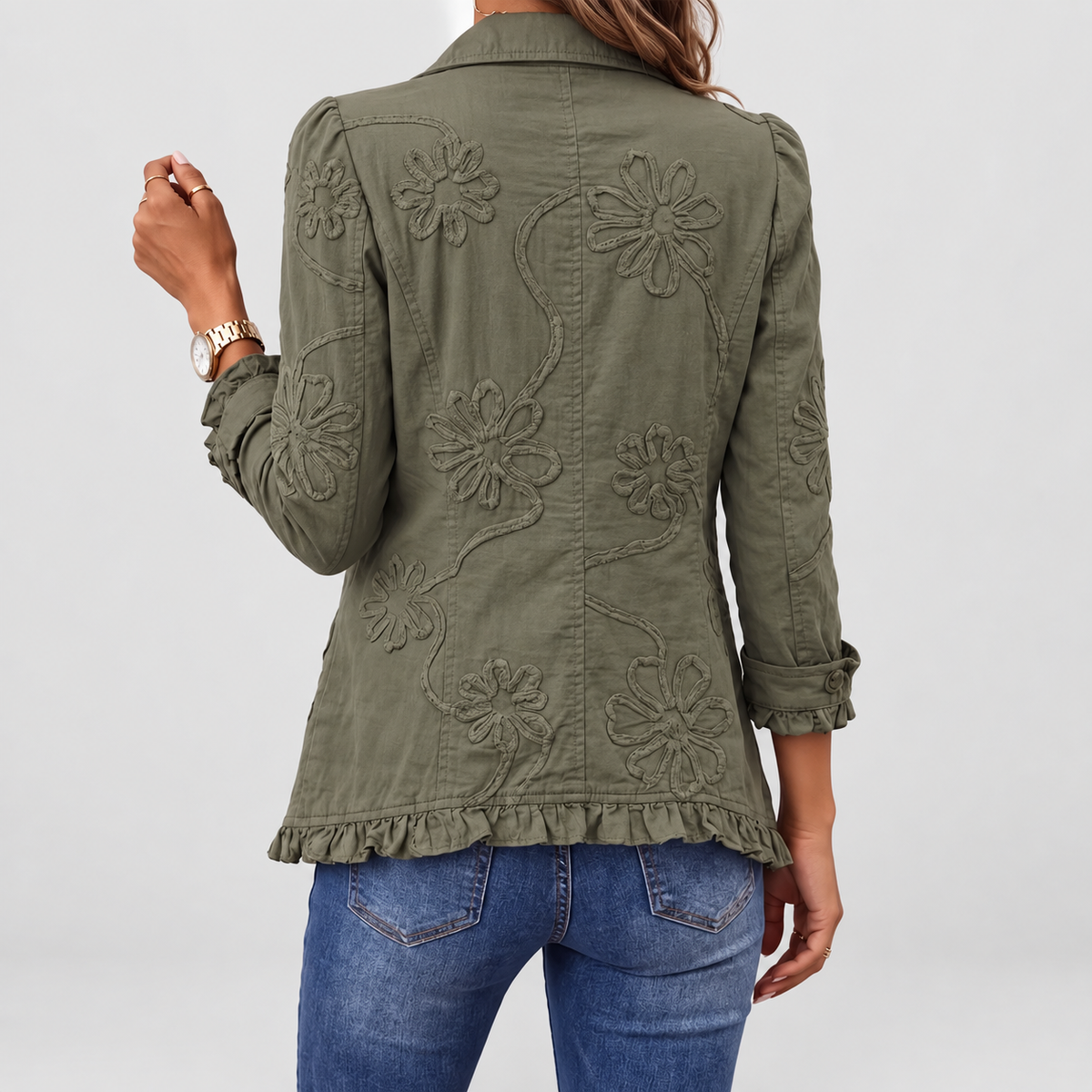 Women's Floral Embroidered Jacket with Ruffled Trim — view 2