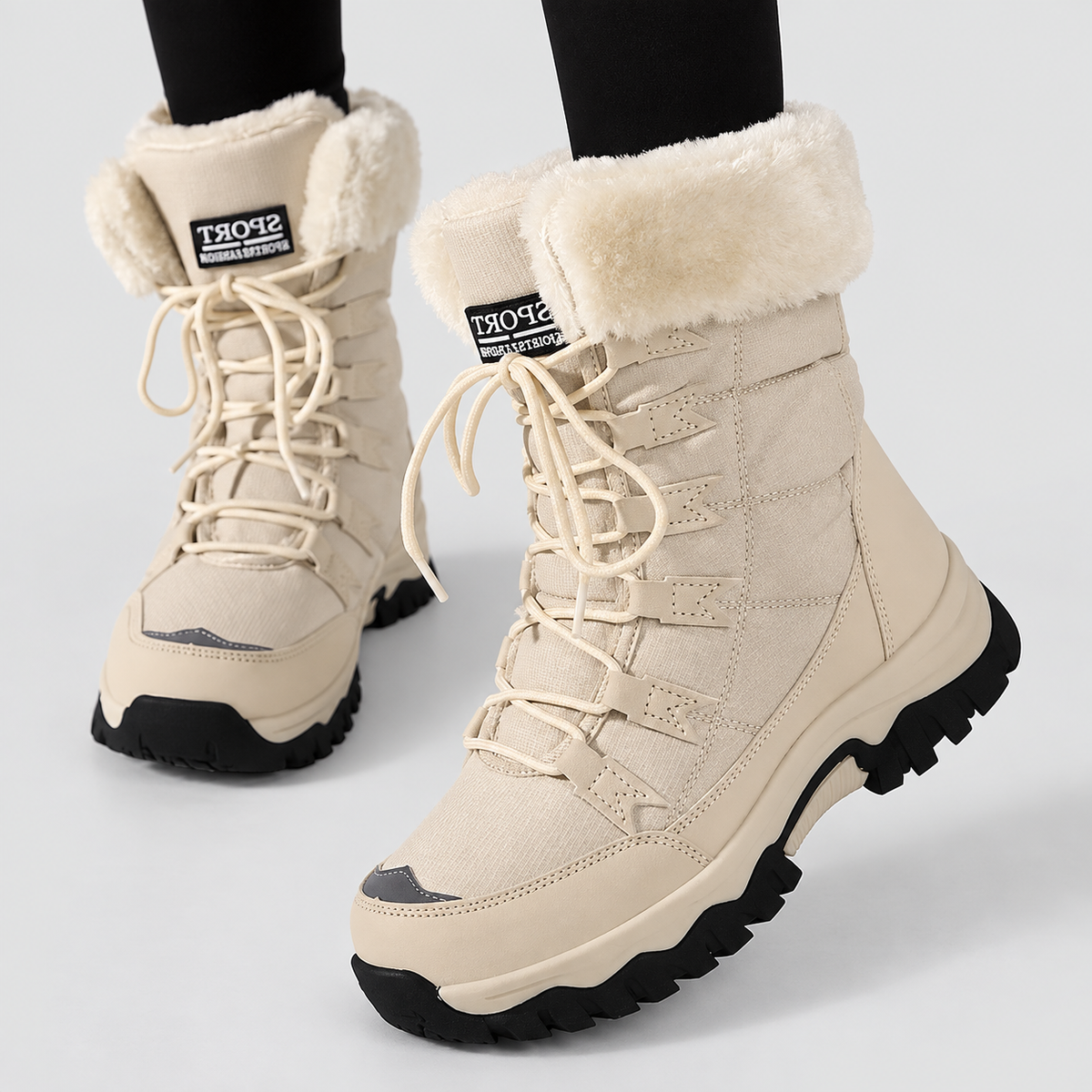 Women's Faux-Fur-Lined Lace-Up Winter Boots in Beige — view 1