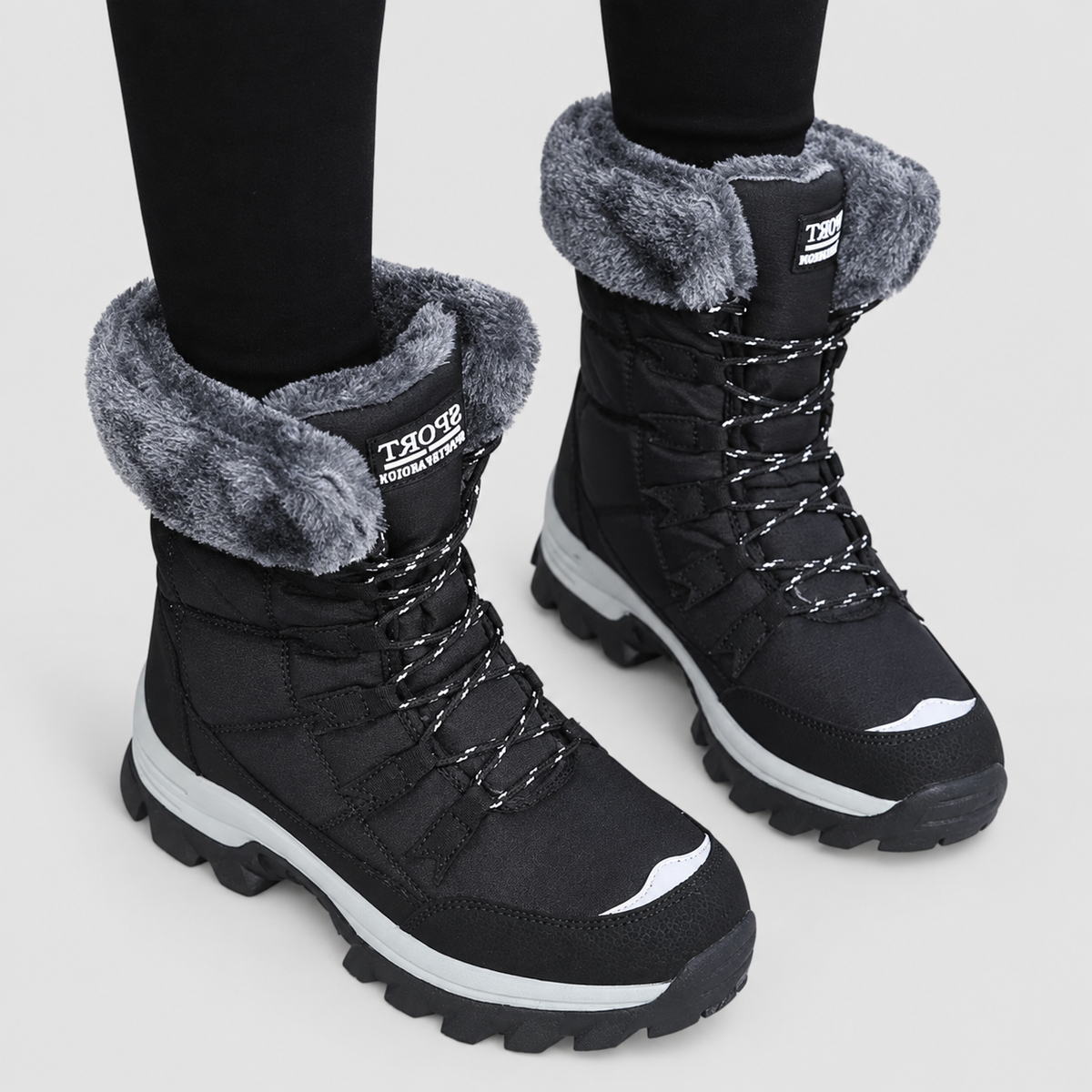 Women's Faux-Fur-Lined Lace-Up Winter Boots in Black — view 2