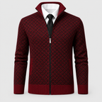 Men's Checked Knit Zip Jacket with Ribbed Trims in Red — view 3