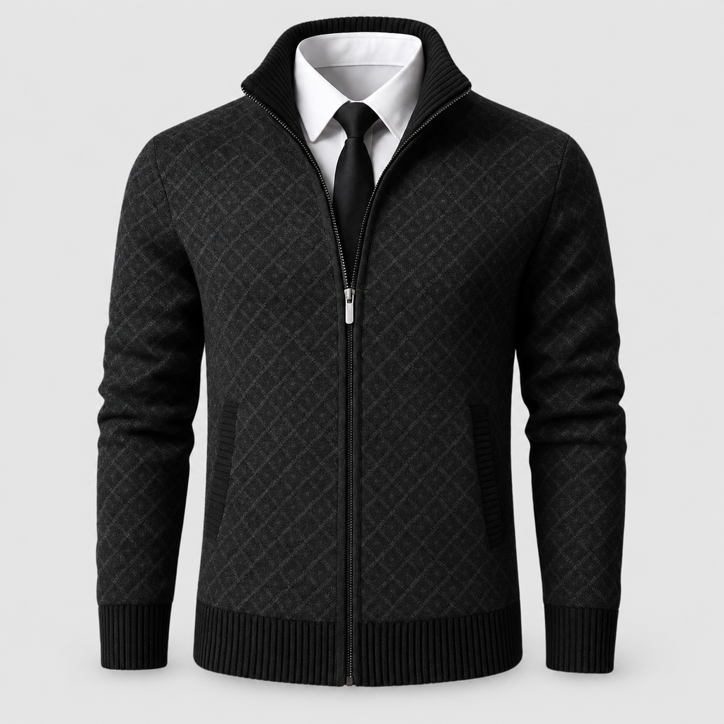 Men's Checked Knit Zip Jacket with Ribbed Trims in Black — view 4