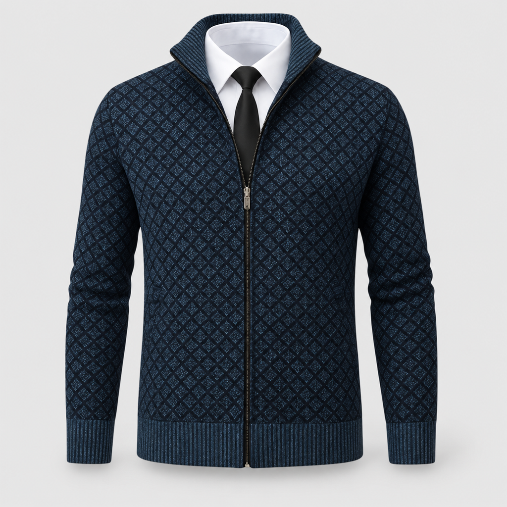 Men's Checked Knit Zip Jacket with Ribbed Trims — view 5