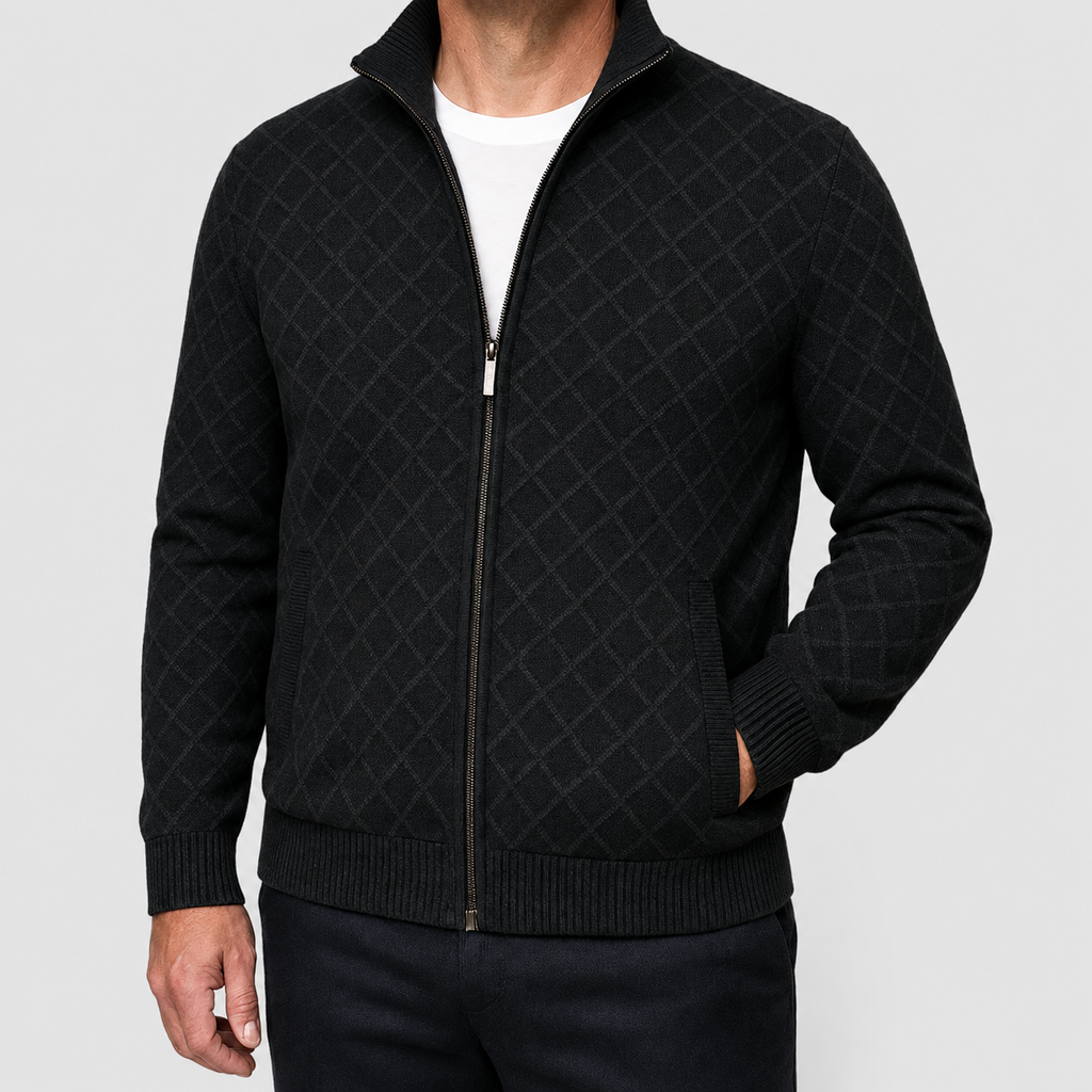 Men's Checked Knit Zip Jacket with Ribbed Trims — view 6