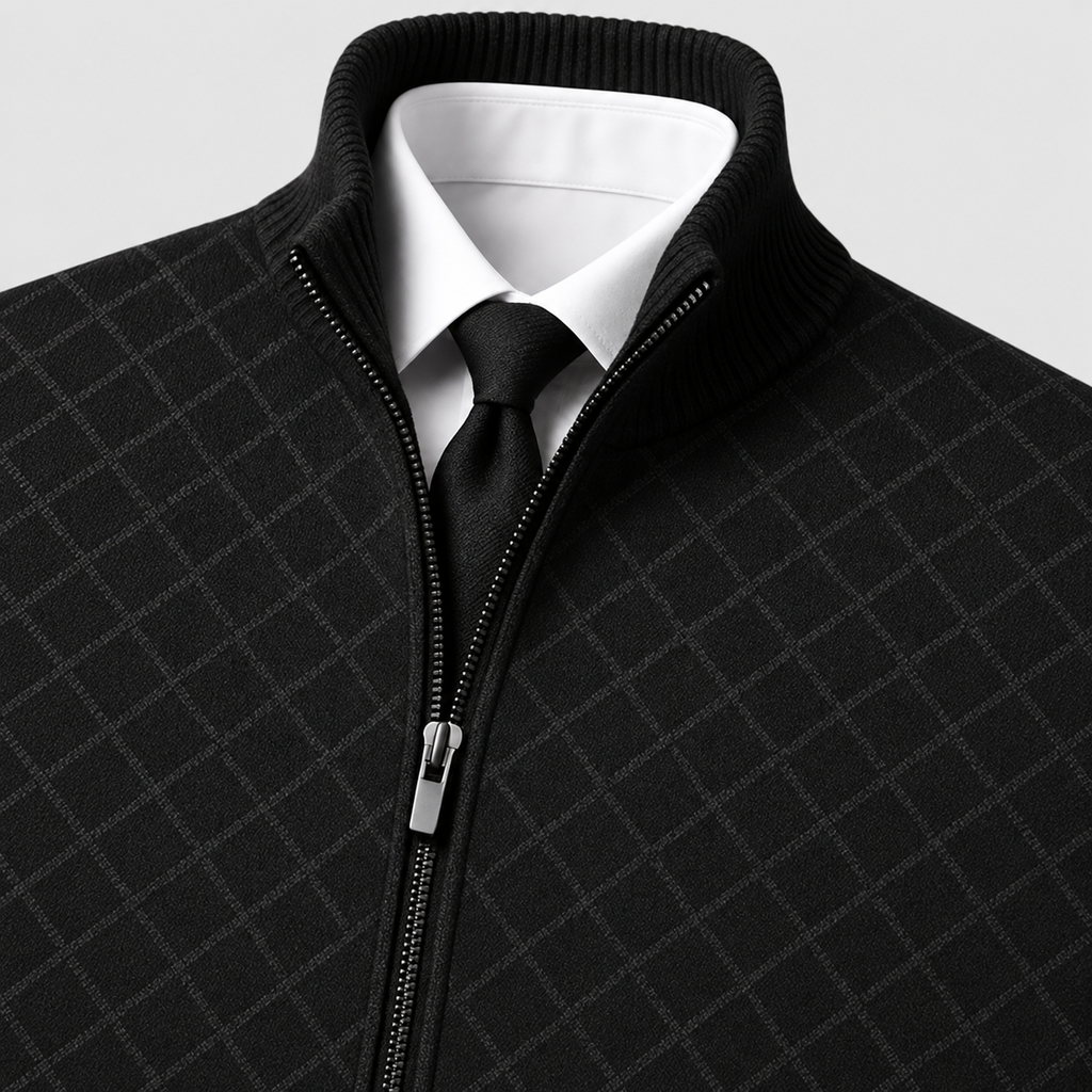Men's Checked Knit Zip Jacket with Ribbed Trims — view 9