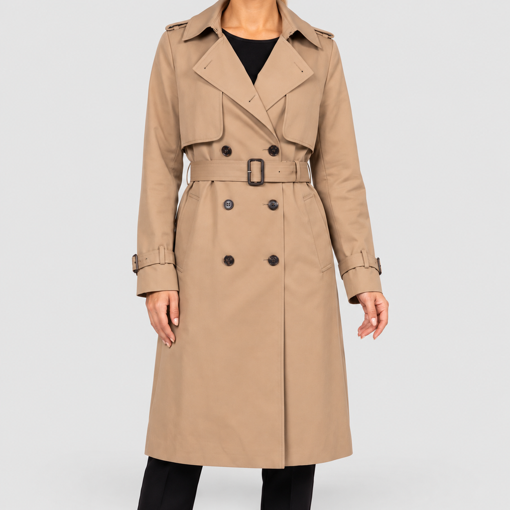 Women's Double-Breasted Belted Long Trench Coat in Khaki — view 1
