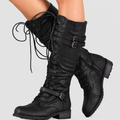 Women's Knee-High Lace-Up Buckle-Strap Block-Heel Boots in Black — view 1