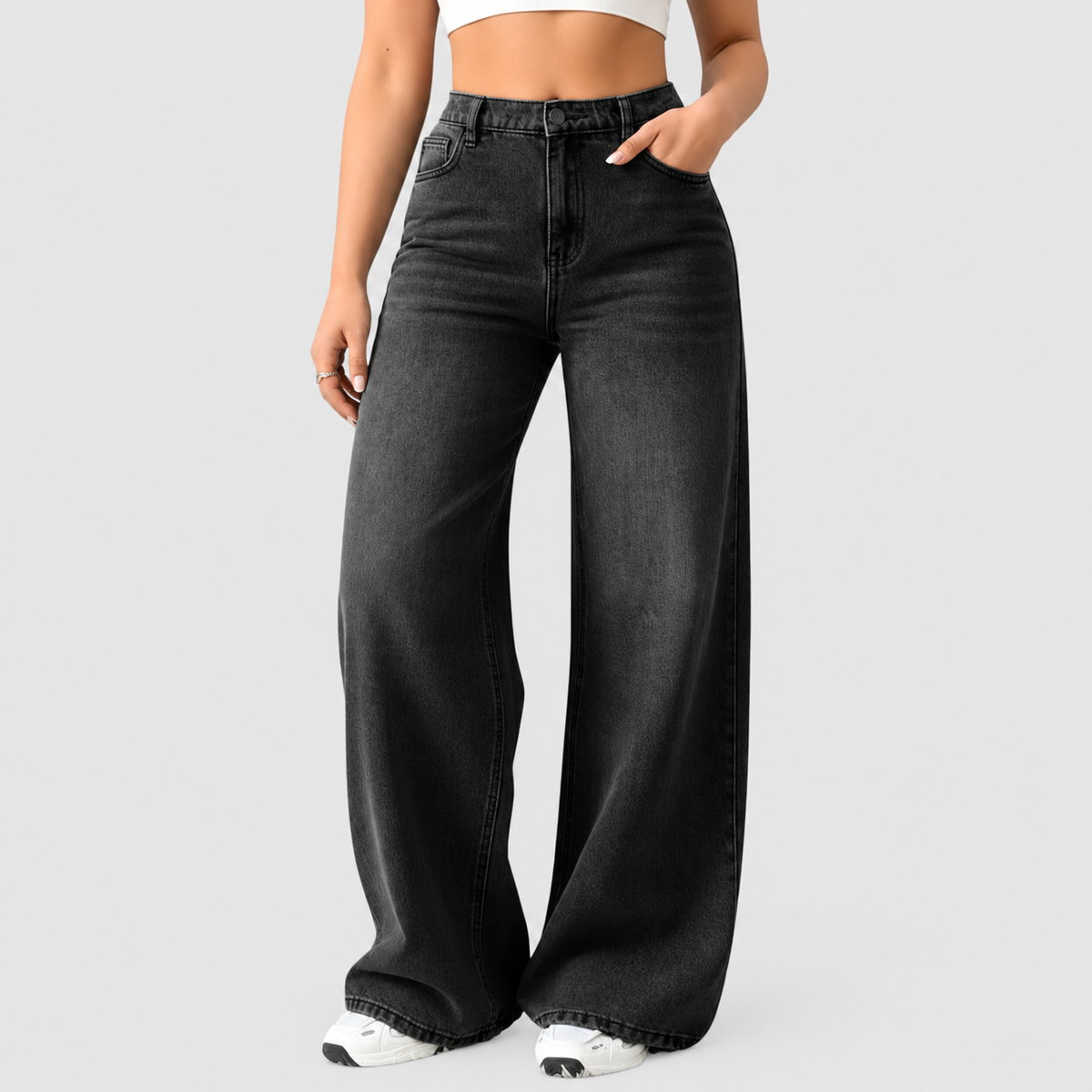 Women's High-Rise Wide-Leg Denim Jeans in Black — view 5