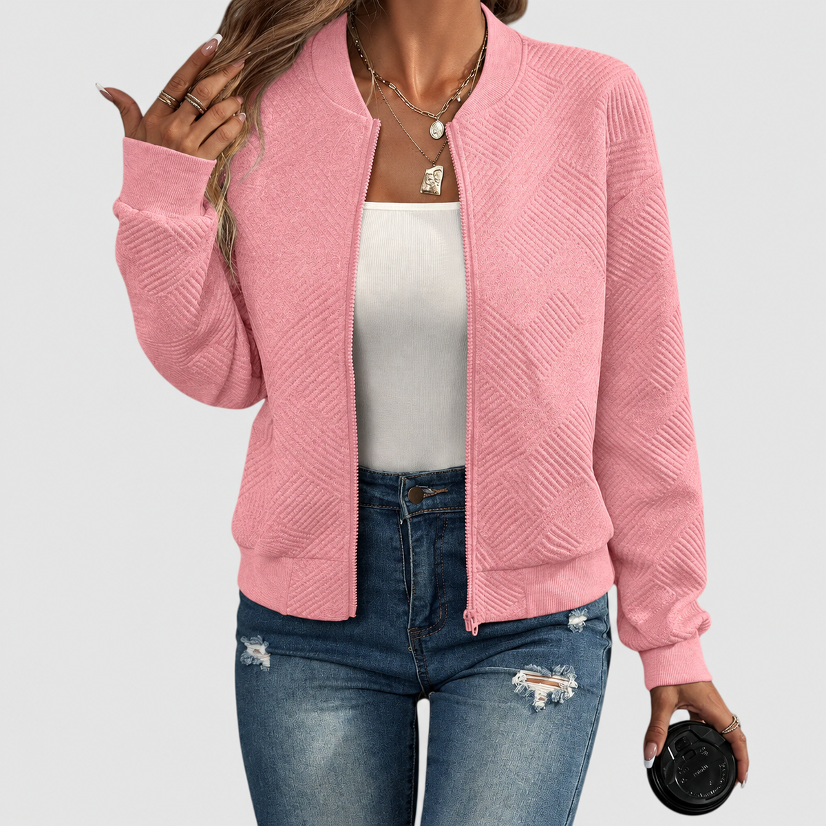 Women's Textured Zip-Up Jacket in Pink — view 1