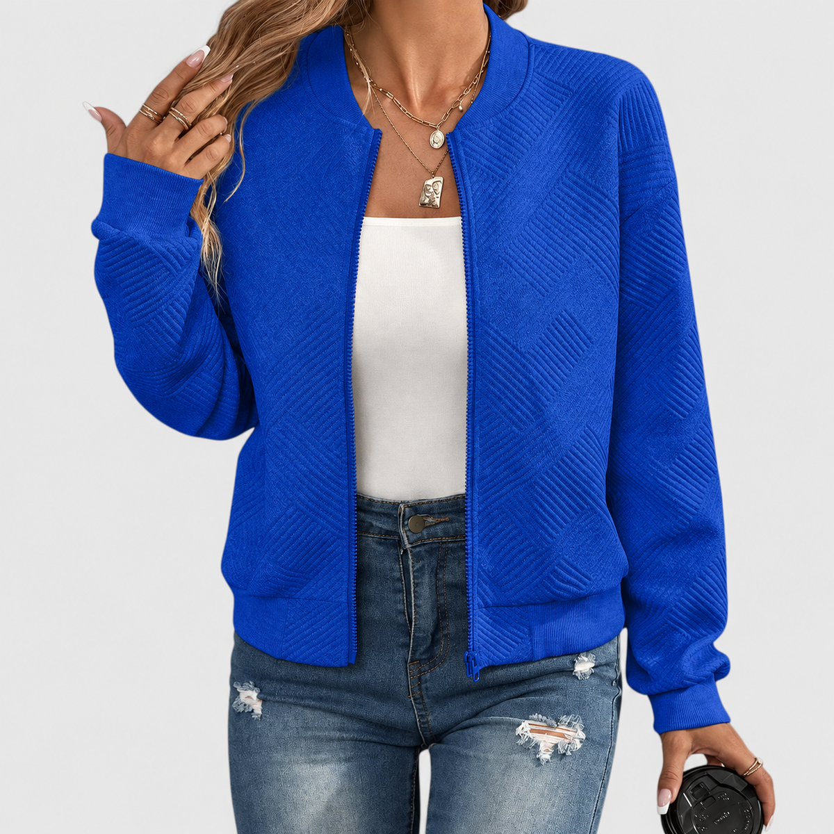 Women's Textured Zip-Up Jacket in Blue — view 2