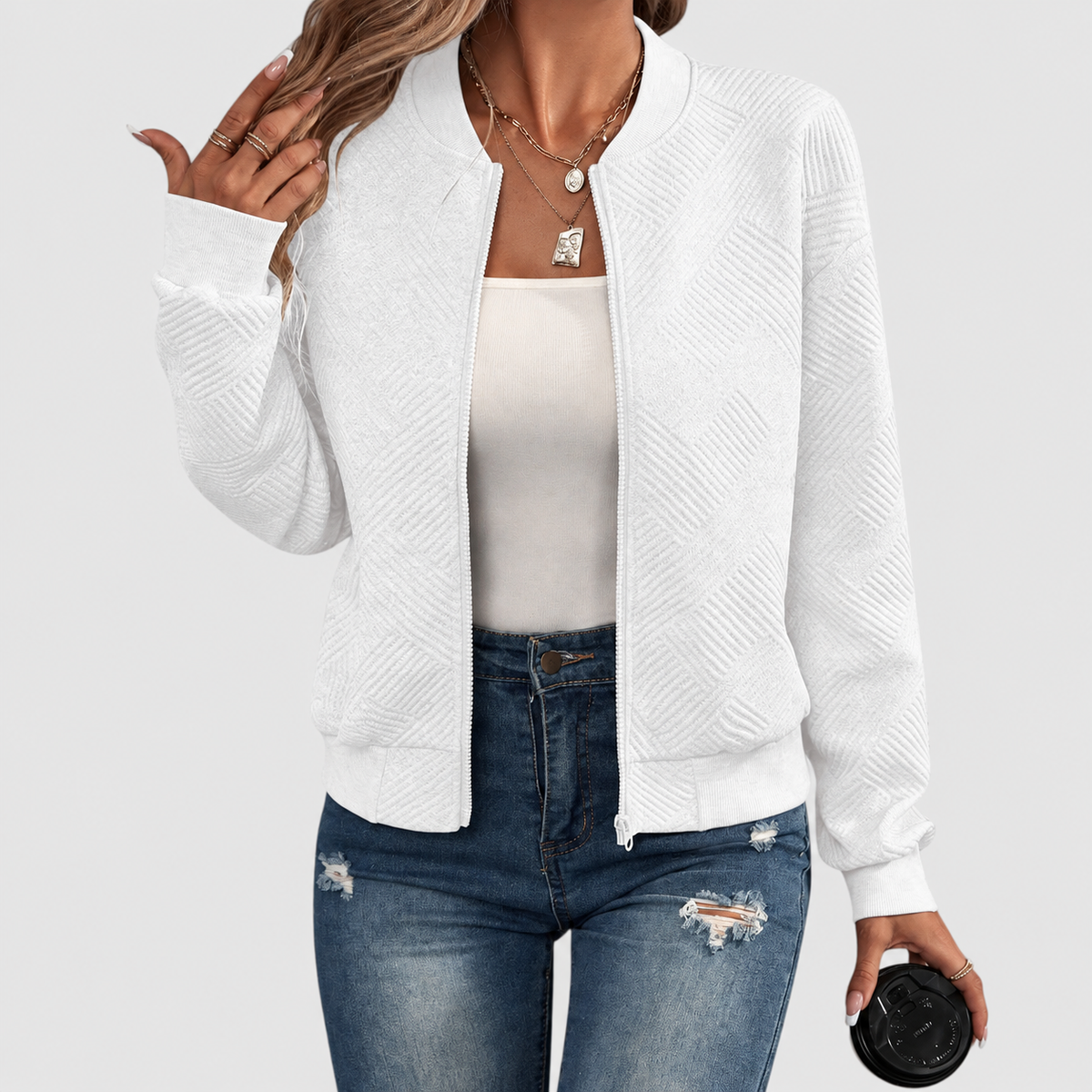 Women's Textured Zip-Up Jacket in White — view 3