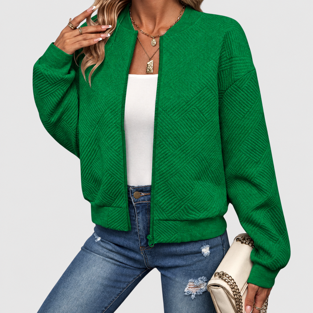 Women's Textured Zip-Up Jacket in Green — view 4