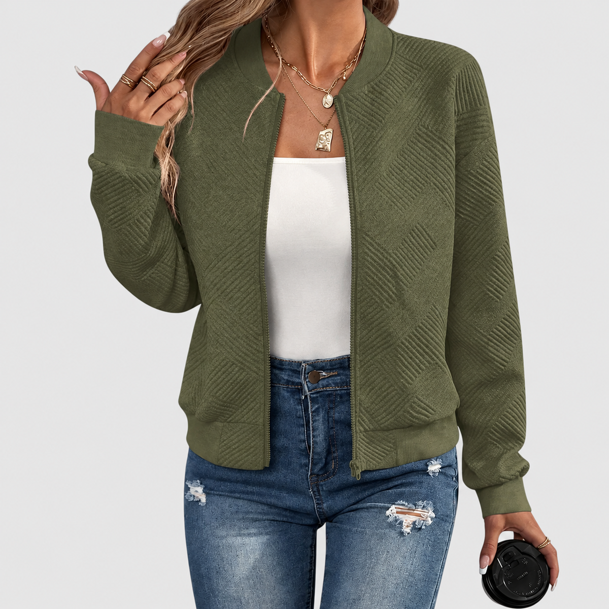 Women's Textured Zip-Up Jacket in Army Green — view 5