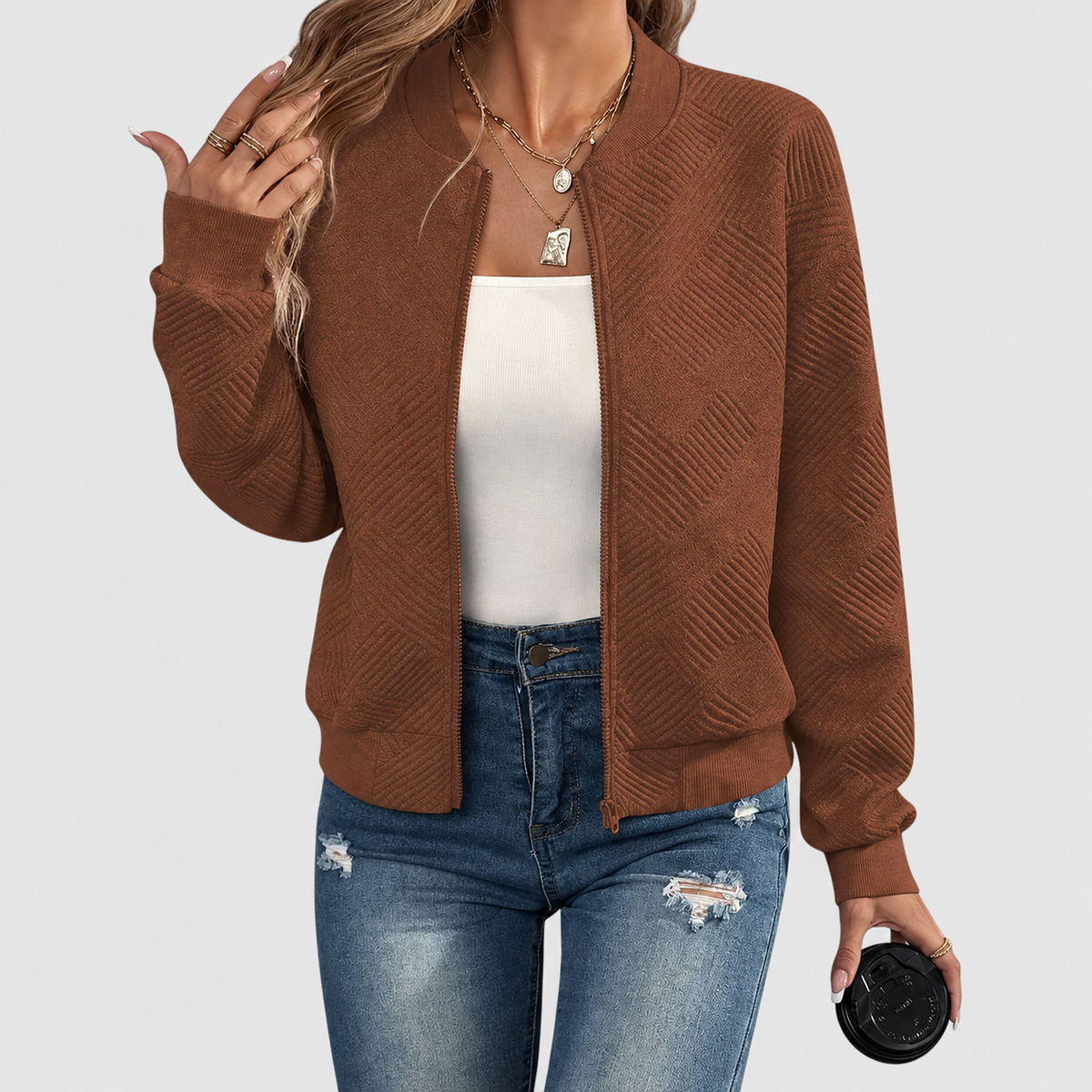 Women's Textured Zip-Up Jacket in Caramel Brown — view 6