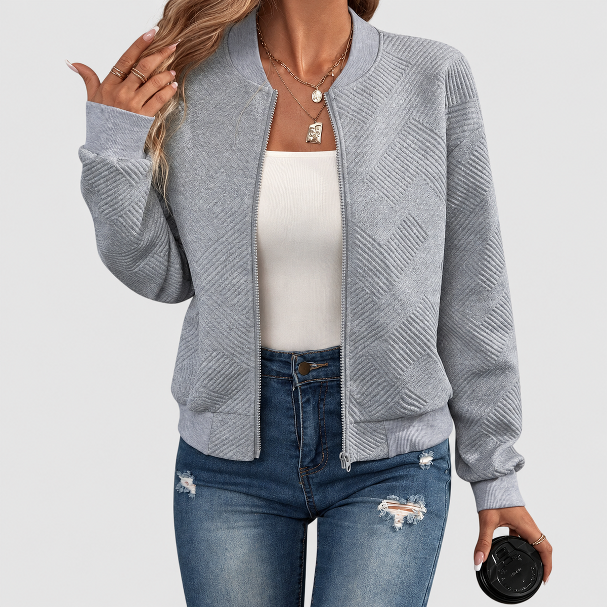 Women's Textured Zip-Up Jacket in Grey — view 7