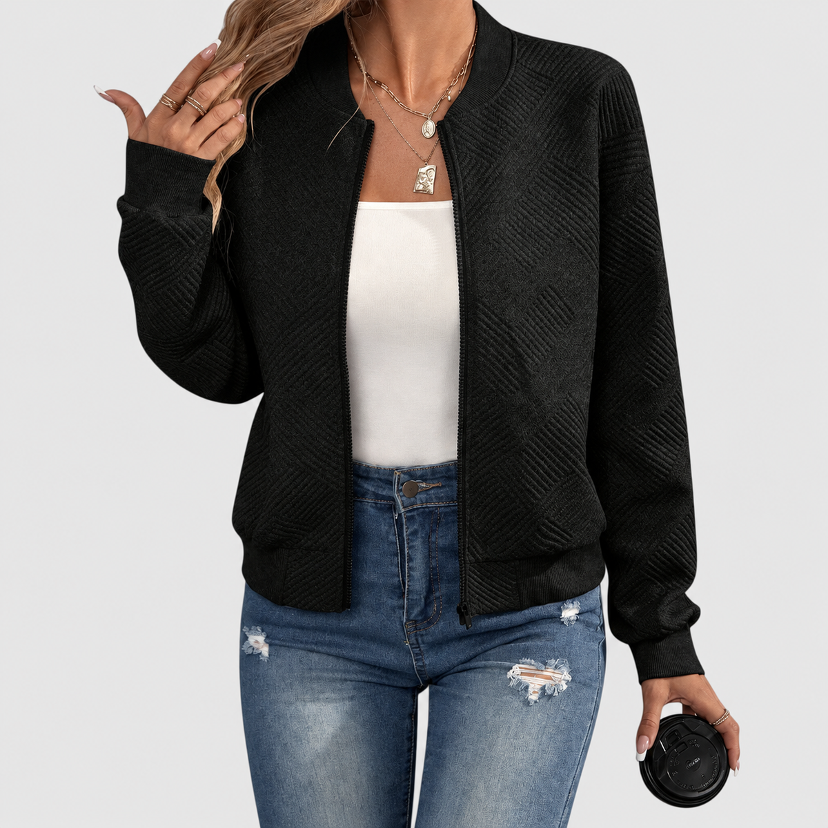 Women's Textured Zip-Up Jacket in Black — view 8