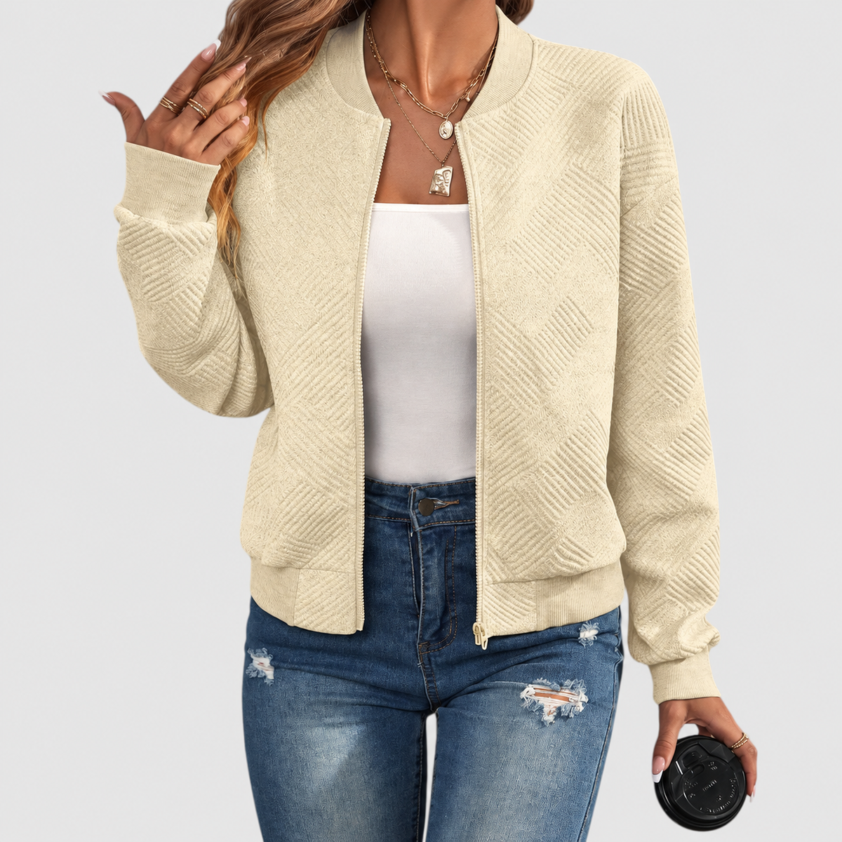 Women's Textured Zip-Up Jacket in Beige — view 9
