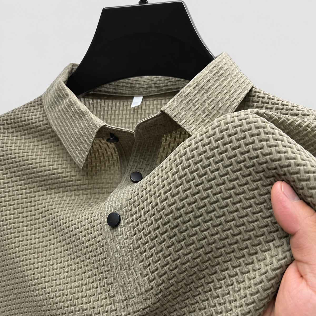 Men's Short-Sleeve Polo Shirt in Textured Knit in Khaki — view 9