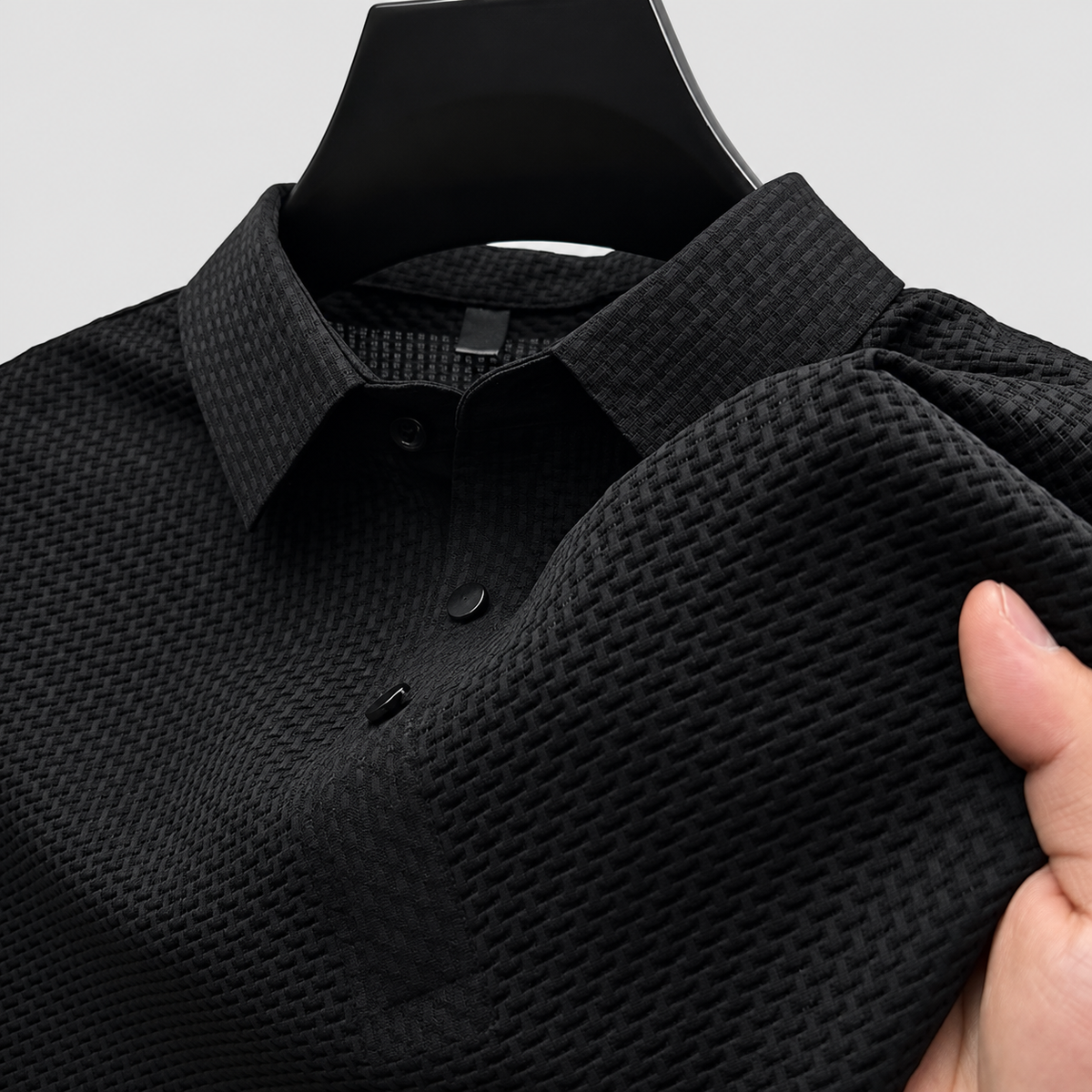 Men's Short-Sleeve Polo Shirt in Textured Knit in Black — view 10