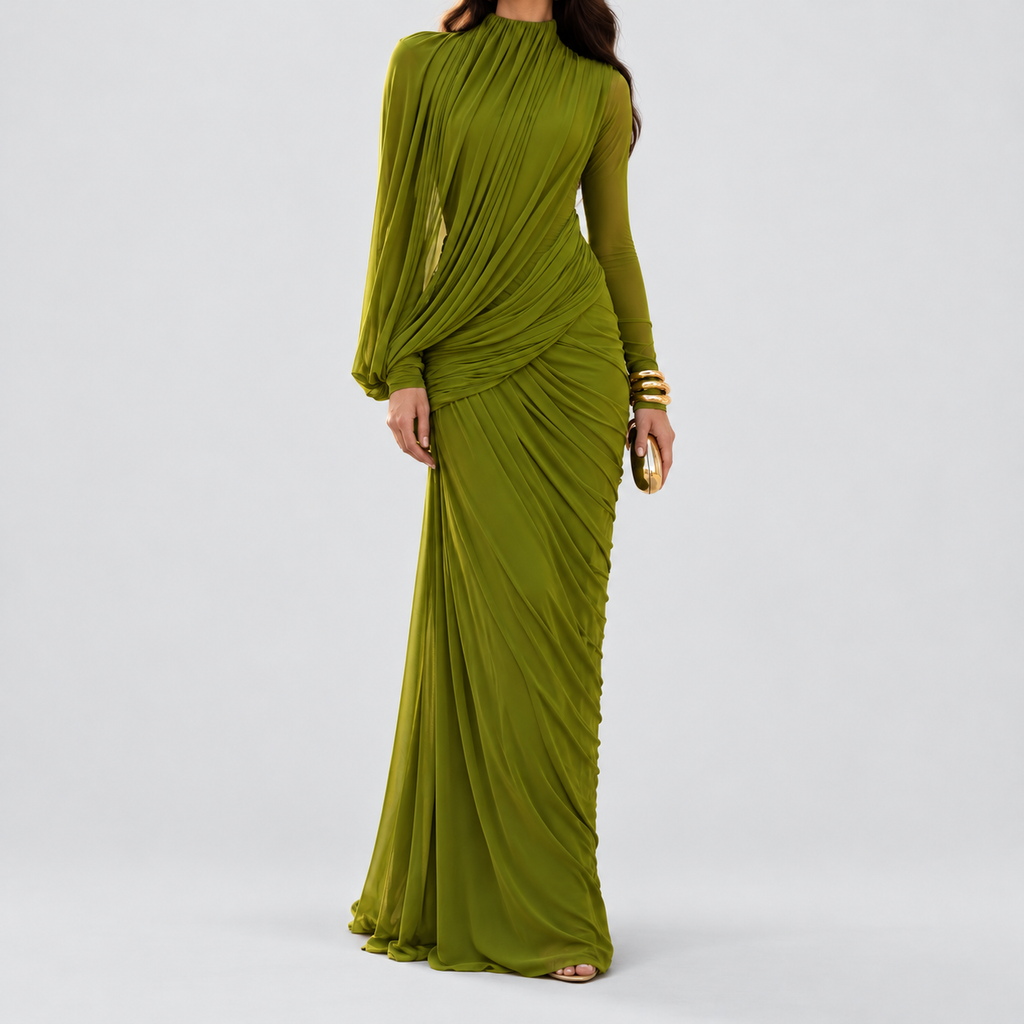 Women's High-Neck Maxi Dress with Draped Waist in Green — view 1