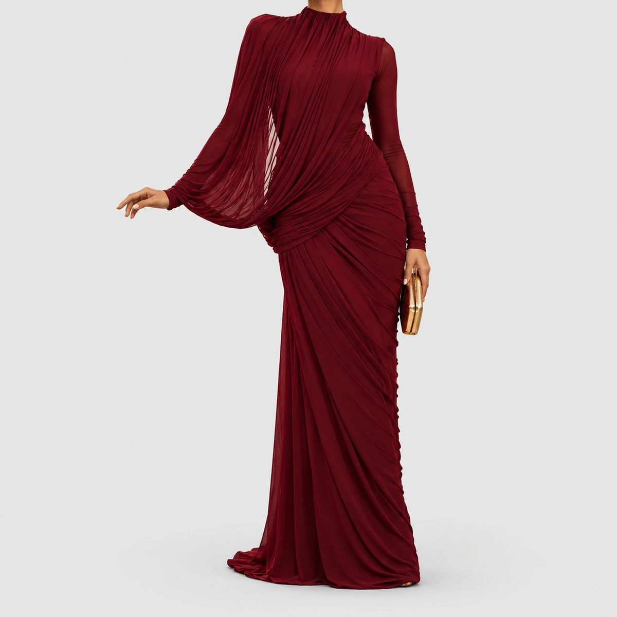 Women's High-Neck Maxi Dress with Draped Waist in Red — view 2
