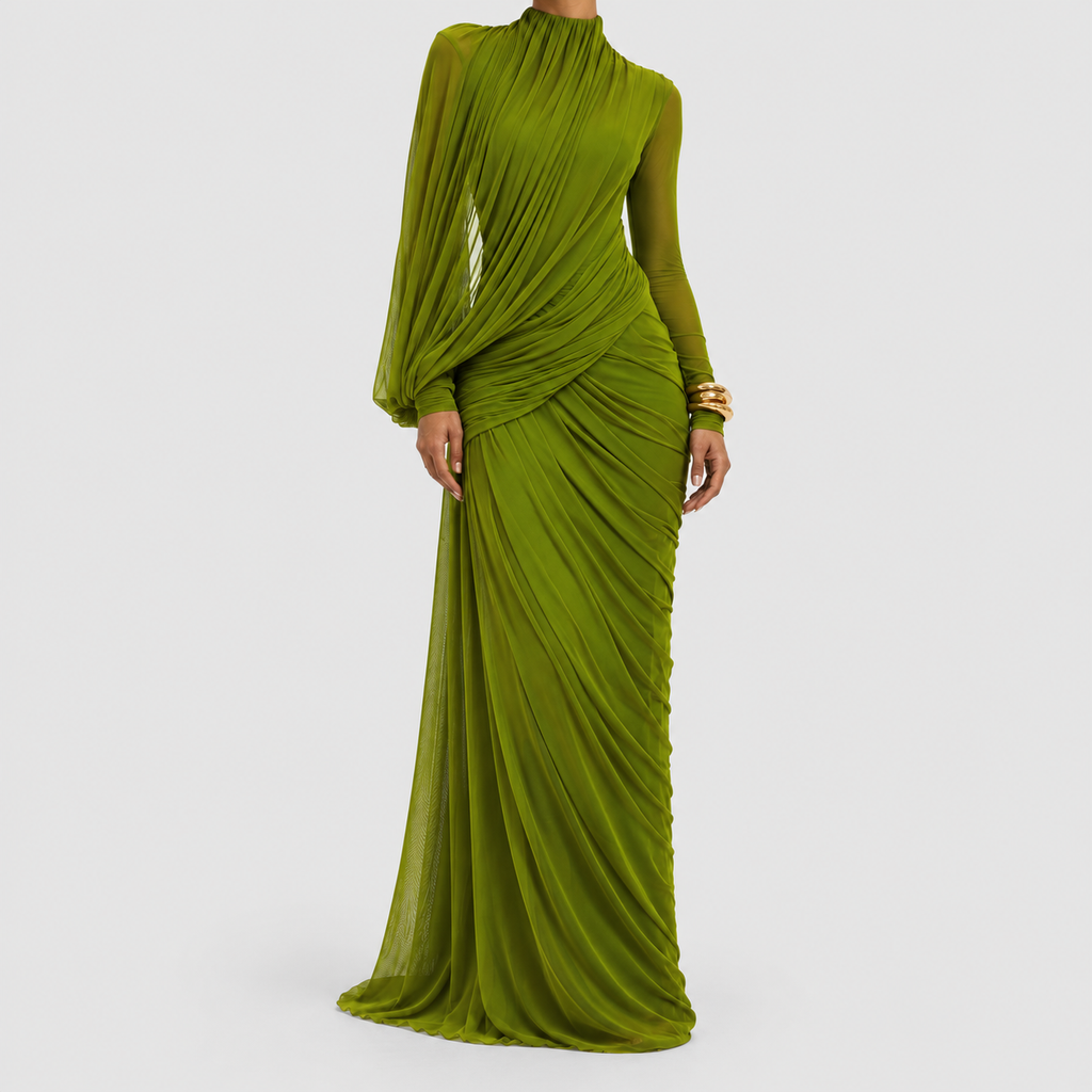 Women's High-Neck Maxi Dress with Draped Waist — view 3