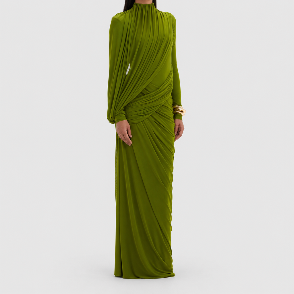 Women's High-Neck Maxi Dress with Draped Waist — view 4
