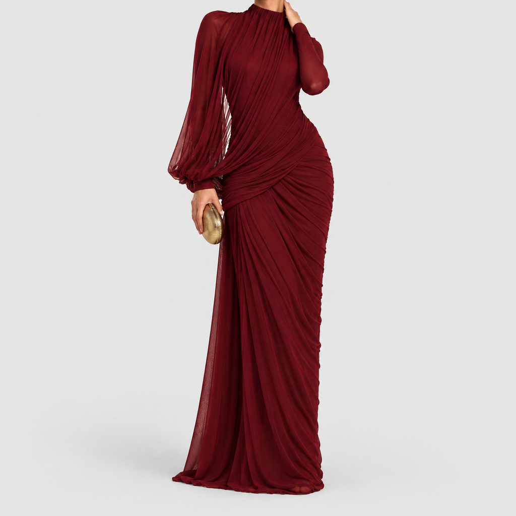 Women's High-Neck Maxi Dress with Draped Waist — view 5