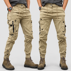 Men's Multi-Pocket Tapered Cargo Trousers in Beige — view 1
