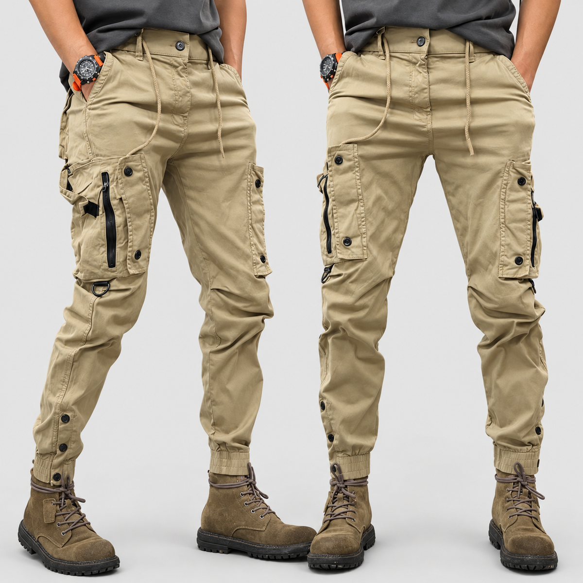 Men's Multi-Pocket Tapered Cargo Trousers in Beige — view 1