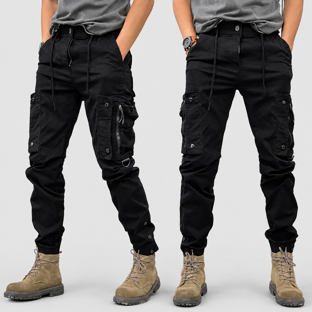 Men's Multi-Pocket Tapered Cargo Trousers in Black — view 3