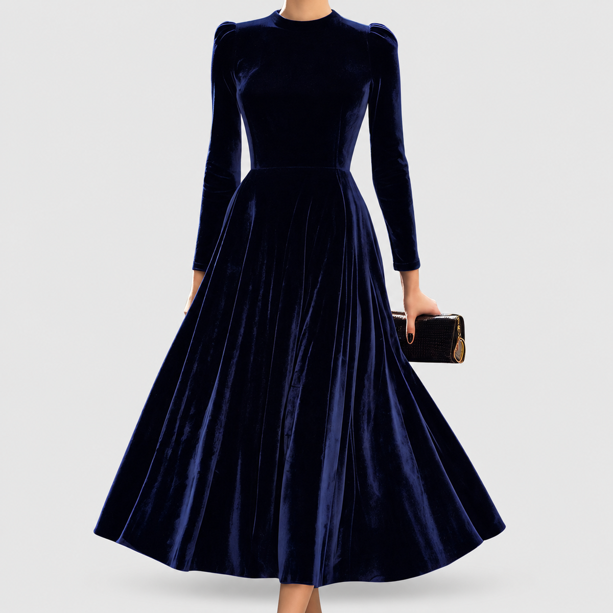 Women's Navy Long-Sleeve Velvet Midi Dress in Navy Blue — view 1