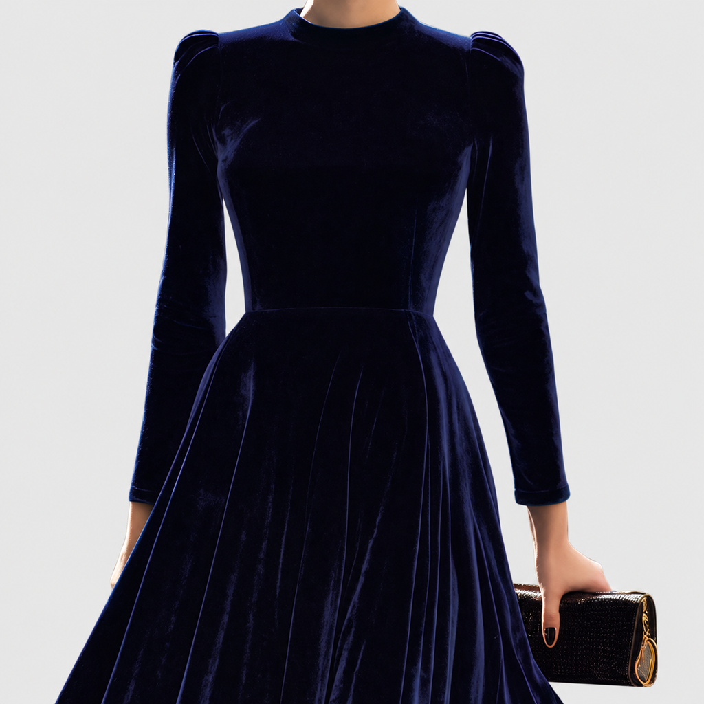 Women's Navy Long-Sleeve Velvet Midi Dress — view 2