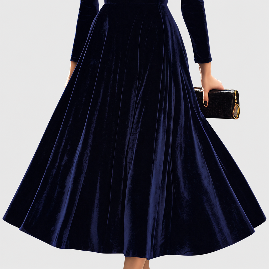 Women's Navy Long-Sleeve Velvet Midi Dress — view 3