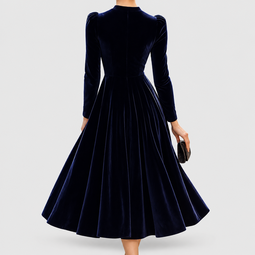 Women's Navy Long-Sleeve Velvet Midi Dress — view 4