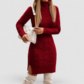 Women's Cable-Knit Long-Sleeve Turtleneck Knee-Length Dress in Burgundy — view 1