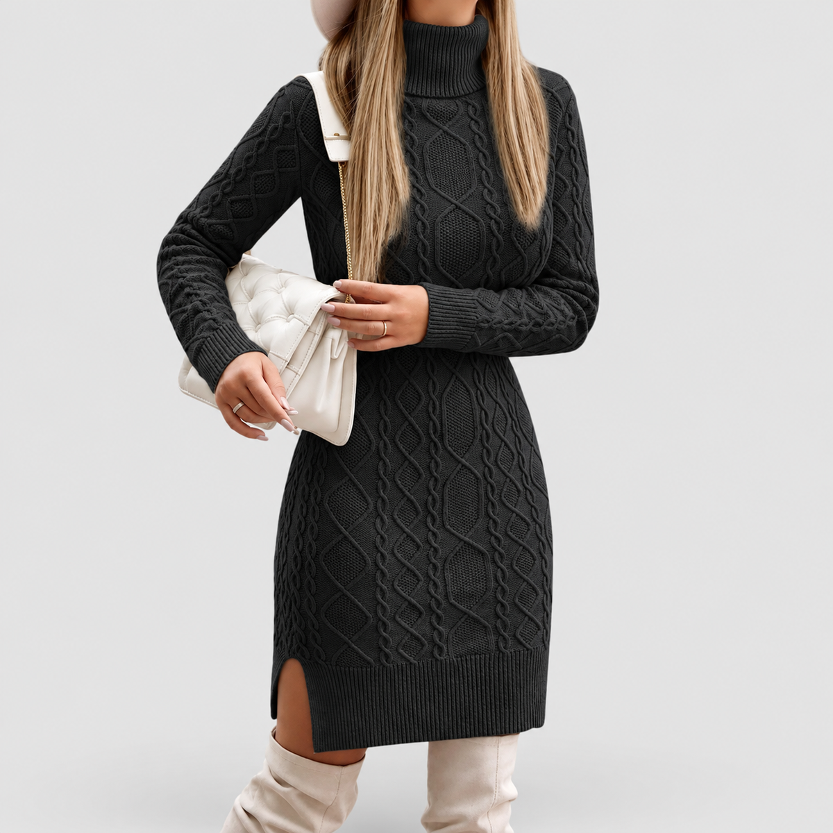 Women's Cable-Knit Long-Sleeve Turtleneck Knee-Length Dress in Black — view 2