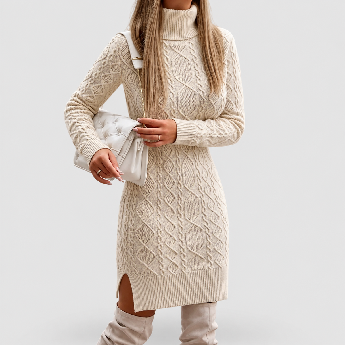 Women's Cable-Knit Long-Sleeve Turtleneck Knee-Length Dress in Beige — view 3
