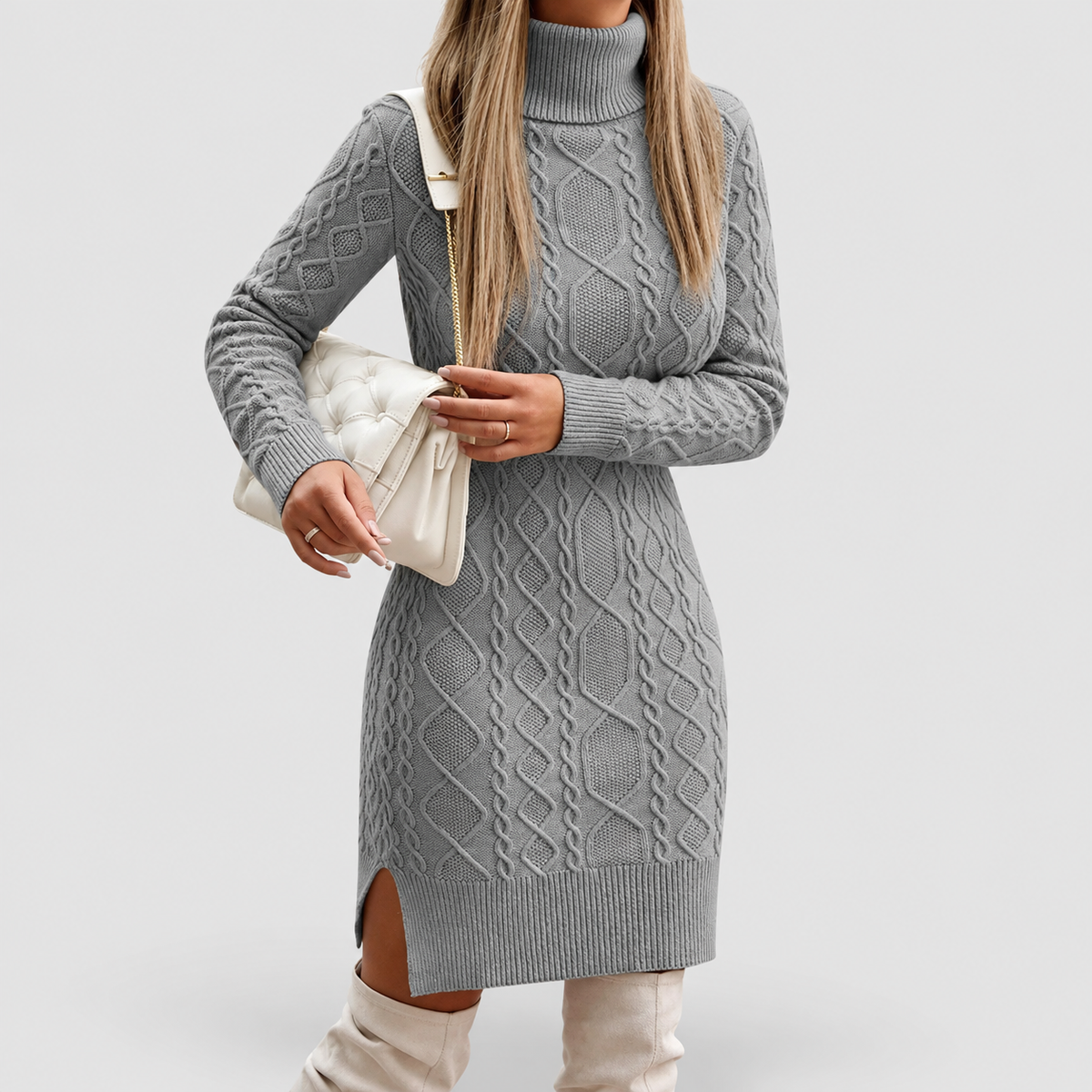 Women's Cable-Knit Long-Sleeve Turtleneck Knee-Length Dress in Grey — view 4