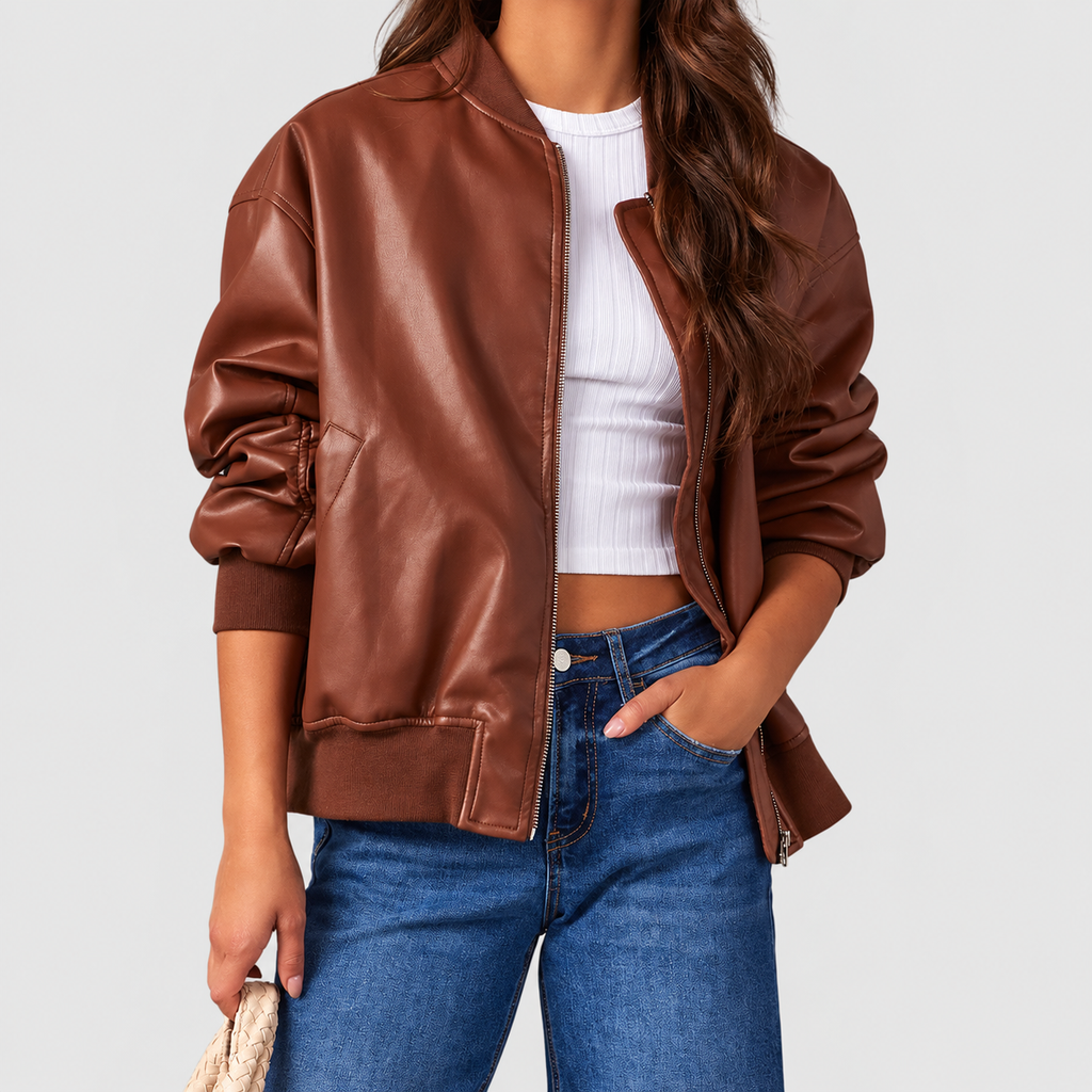 Women's Oversized Faux Leather Bomber Jacket with Ribbed Trim in Brown — view 1