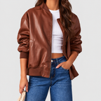 Women's Oversized Faux Leather Bomber Jacket with Ribbed Trim in Brown — view 1