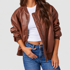 Women's Oversized Faux Leather Bomber Jacket with Ribbed Trim — view 2
