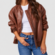 Leonie | Women's Oversized Faux Leather Bomber Jacket with Ribbed Trim
