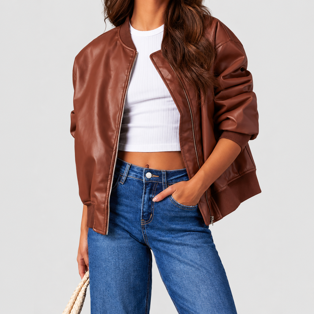 Women's Oversized Faux Leather Bomber Jacket with Ribbed Trim — view 3