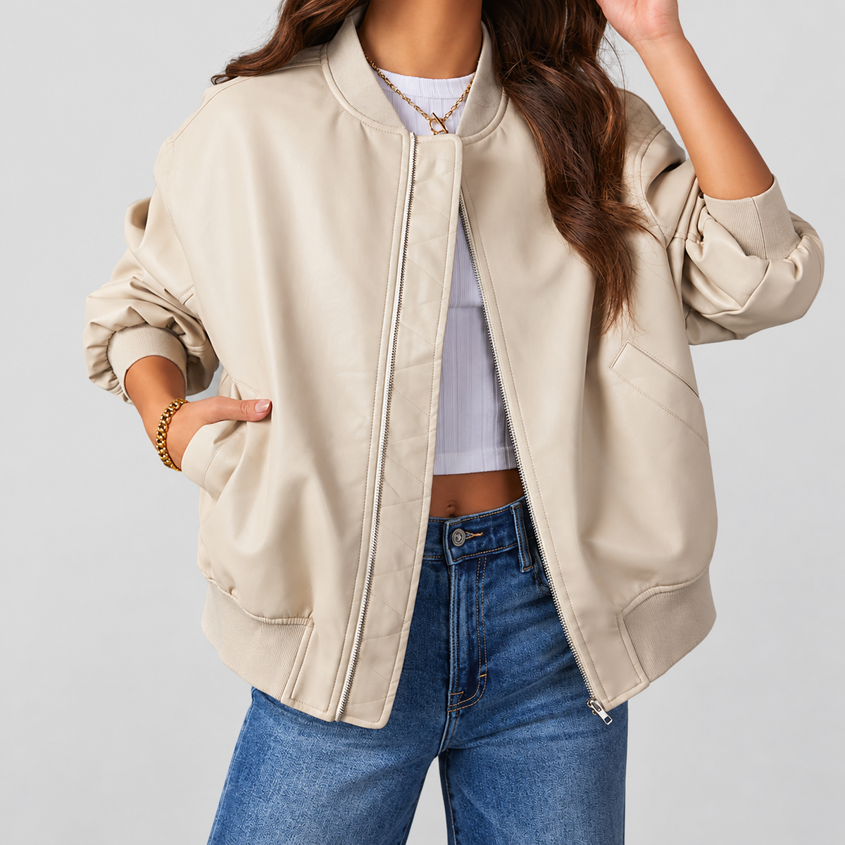 Women's Oversized Faux Leather Bomber Jacket with Ribbed Trim in Cream — view 4