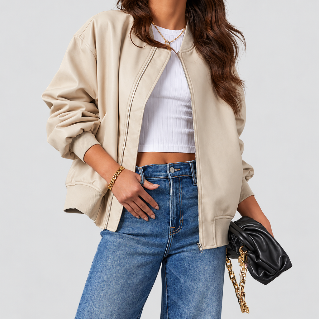 Women's Oversized Faux Leather Bomber Jacket with Ribbed Trim — view 5