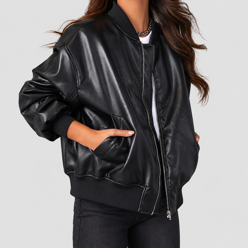 Women's Oversized Faux Leather Bomber Jacket with Ribbed Trim in Black — view 7