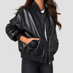 Women's Oversized Faux Leather Bomber Jacket with Ribbed Trim in Black — view 7