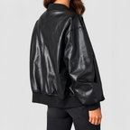 Women's Oversized Faux Leather Bomber Jacket with Ribbed Trim — view 8