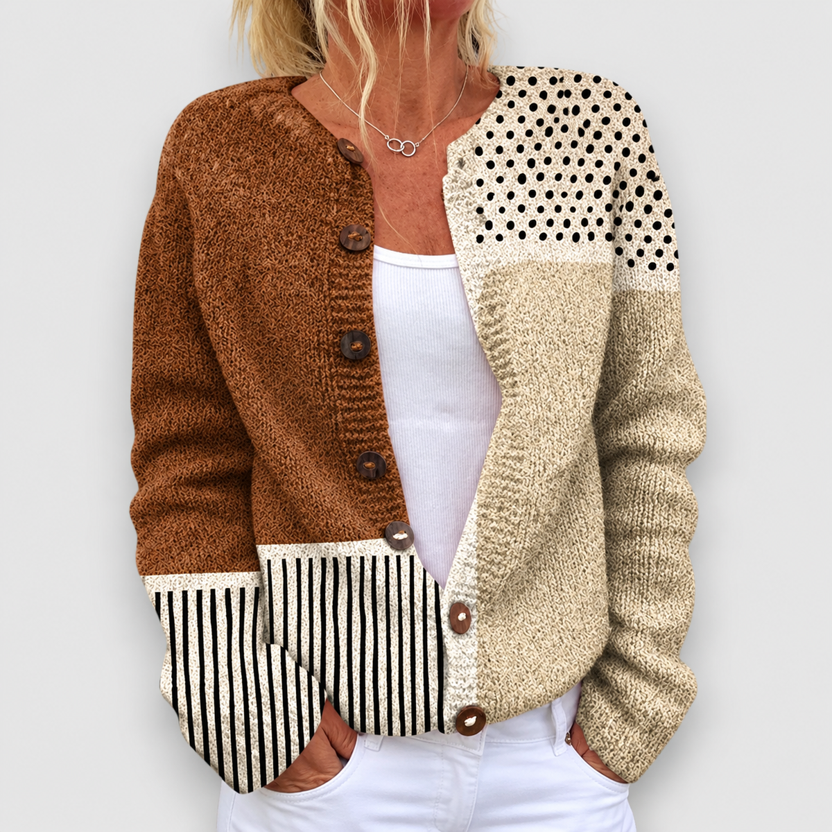 Women's Patchwork Polka-Dot Button-Front Cardigan in Multicolour — view 1