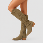 Women's Suede-Effect Knee-High Boots with Block Heel and Side Zip in Dark Green — view 3